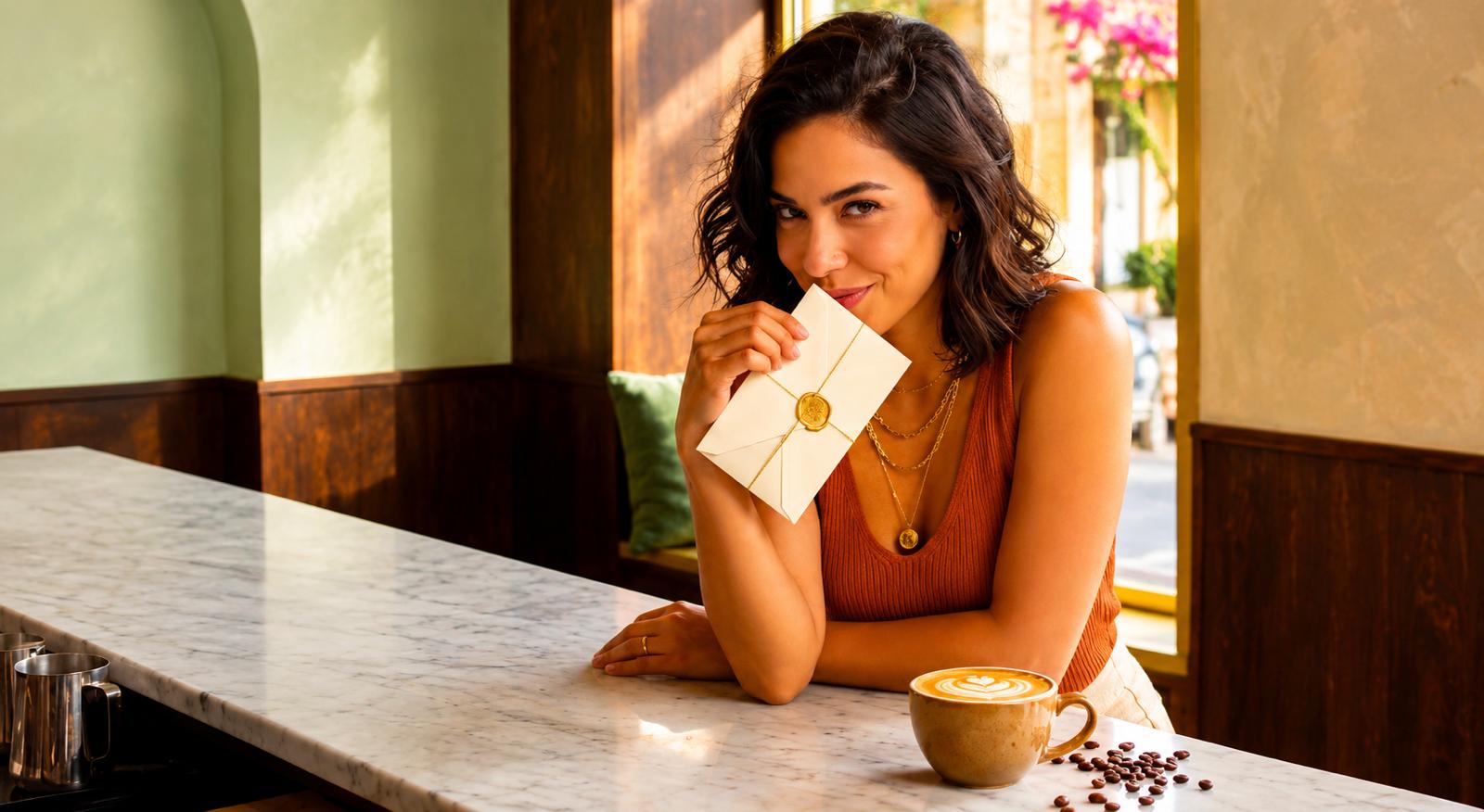 Frau hält lächelnd einen Geschenkgutschein der Barista Academy München mit goldenem Siegel in der Hand — daneben ein Cappuccino mit Latte Art