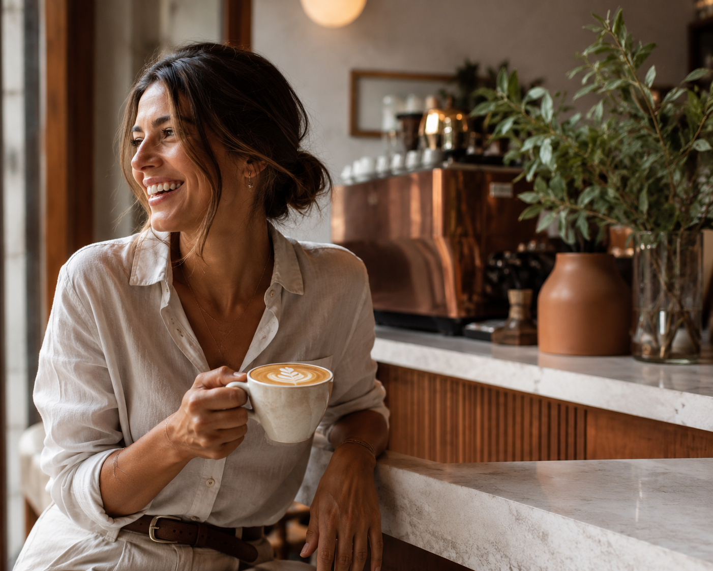 Frau lächelt mit einem Cappuccino mit Latte Art in einem Münchner Coffee Bar